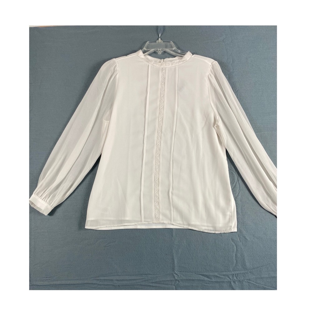 NWT Ann Taylor Blouse Medium Petite White Chiffon Lace Pintuck Sheer Sleeve